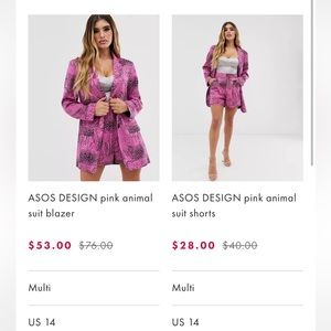 ASOS set: ASOS DESIGN pink animal suit blazer and matching shorts size 14